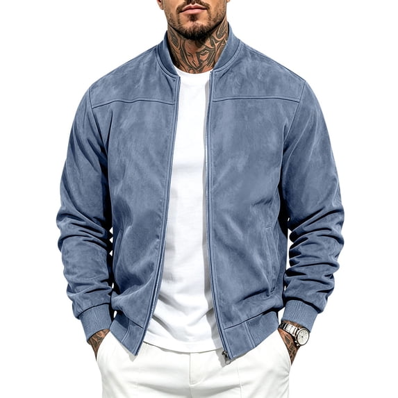 FRSASU Men's Faux Suede Bomber Jacket Zip‑Up Ribbed Collar Casual Lightweight Outerwear with Side Pockets Light Blue