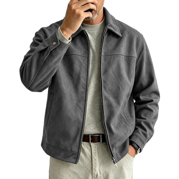 FRSASU Men's Faux Suede Jacket Lapel Collar Full Zip Lightweight Casual Business Coat with Pockets Gray