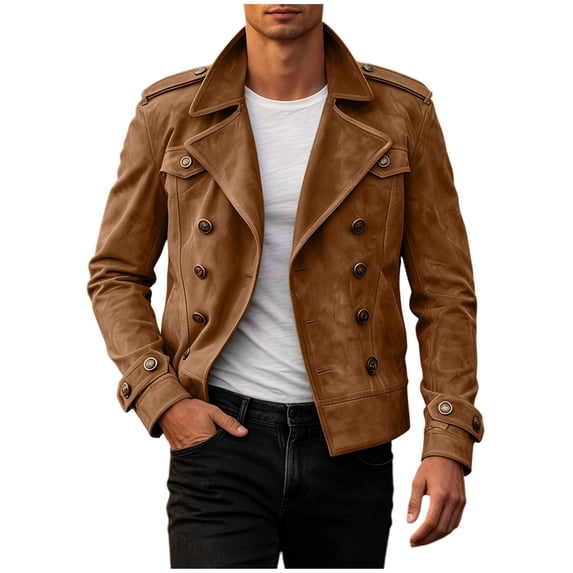 FRSASU Men's Faux Suede Jacket Notched Lapel Collar Double Breasted Jacket Trendy Casual Blazer Coat Winter Wear Brown