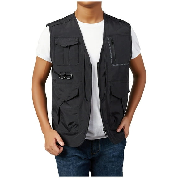 FRSASU Men's Fishing V Neck Vest Utility Safari Travel Vest with Pockets Outdoor Work Photo Cargo Fly Summer Vest Black