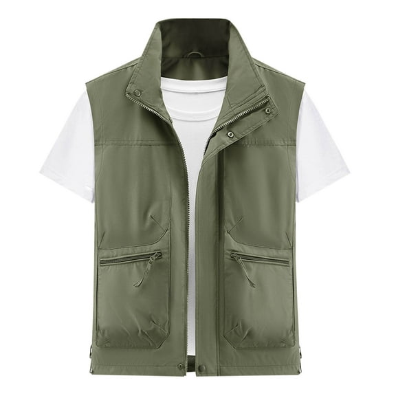 FRSASU Men's Fishing Vest Utility Travel Vest with Pockets Outdoor Work Photo Summer Quick Drying Hiking Vest Army Green