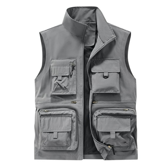 FRSASU Men's Fishing Vest Utility Travel Vest with Pockets Outdoor Work Photo Summer Quick Drying Hiking Vest Gray
