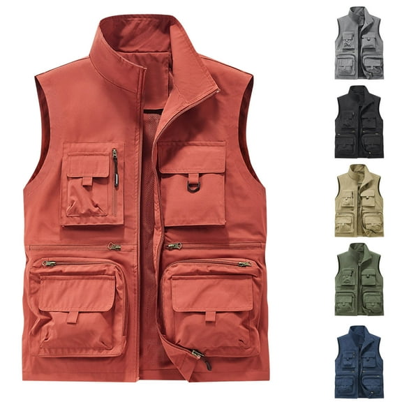 FRSASU Men's Fishing Vest Utility Travel Vest with Pockets Outdoor Work Photo Summer Quick Drying Hiking Vest Red