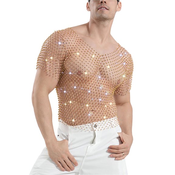 FRSASU Men’s Fishnet Rhinestone Shirt Short Sleeve Sheer Glitter Mesh Festival Rave Clubwear Tops Gold
