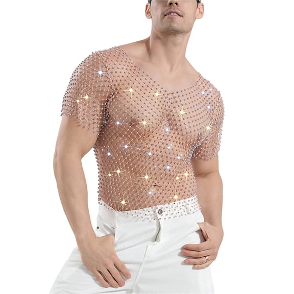 FRSASU Men’s Fishnet Rhinestone Shirt Short Sleeve Sheer Glitter Mesh Festival Rave Clubwear Tops Silver