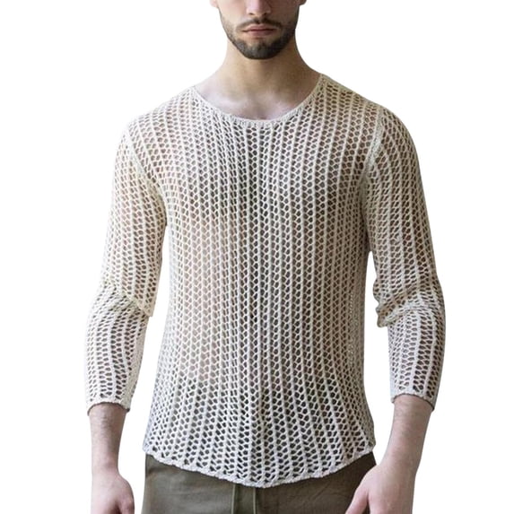 FRSASU Men's Fishnet Shirt Mens Fishnet Top Mesh Transparent Long Sleeve Muscle T-Shirt Net Undershirt Top for Men White XXL