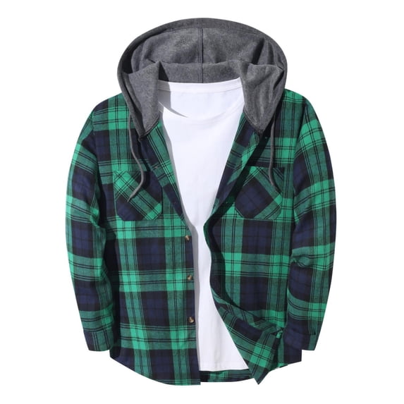 FRSASU Men's Flannel Hoodie Shirts Casual Button Down Plaid Shirt Jackets for Men Long Sleeve Stylish Hooded with Pocket Green-D