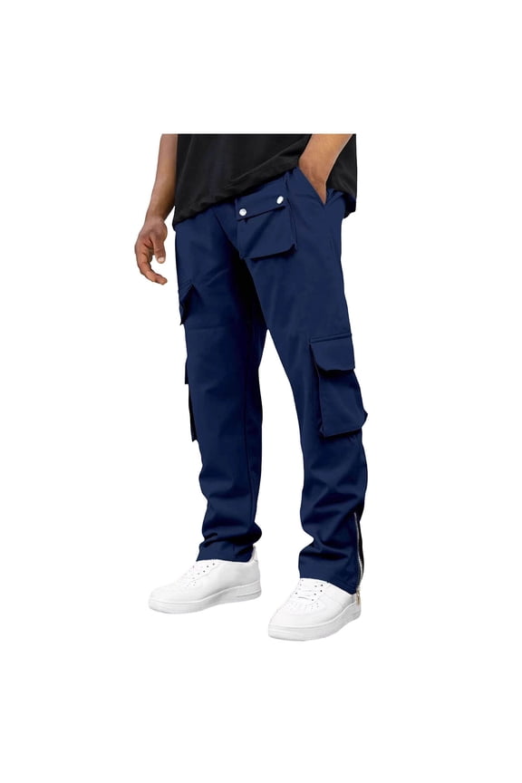 Men's Full Elastic Waist Loose Fit Lightweight Workwear Pull On Cargo Pants Elastic Waist with Multi Pockets Navy