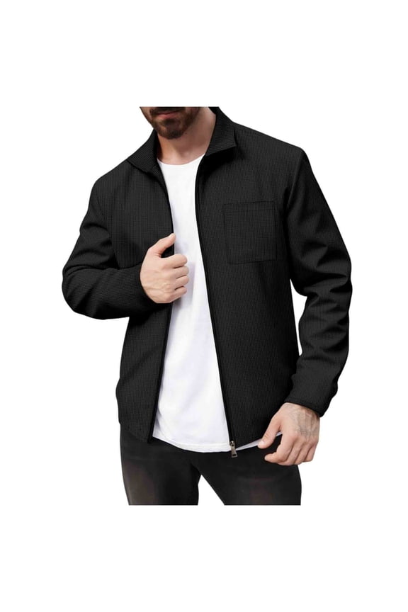 Men's Full Zipper Winter Warm Solid Color Waffle Jacket Lapel Collar Pocket Hiking Jacket Black