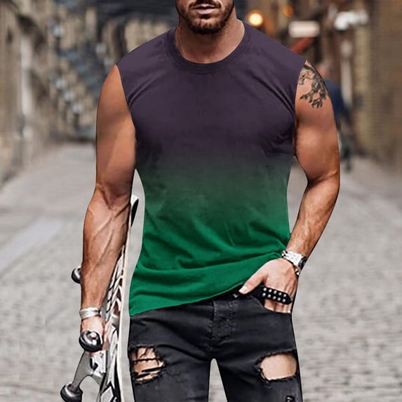 FRSASU Men's Gradient Shirts Sleeveless Quick Dry Tank Tops Loose Fit Crew Neck Workout Fitness Shirts Green