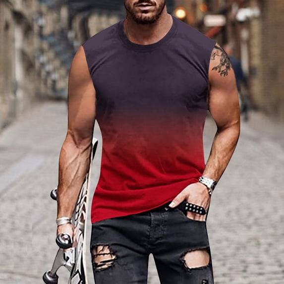 FRSASU Men's Gradient Shirts Sleeveless Quick Dry Tank Tops Loose Fit Crew Neck Workout Fitness Shirts Red