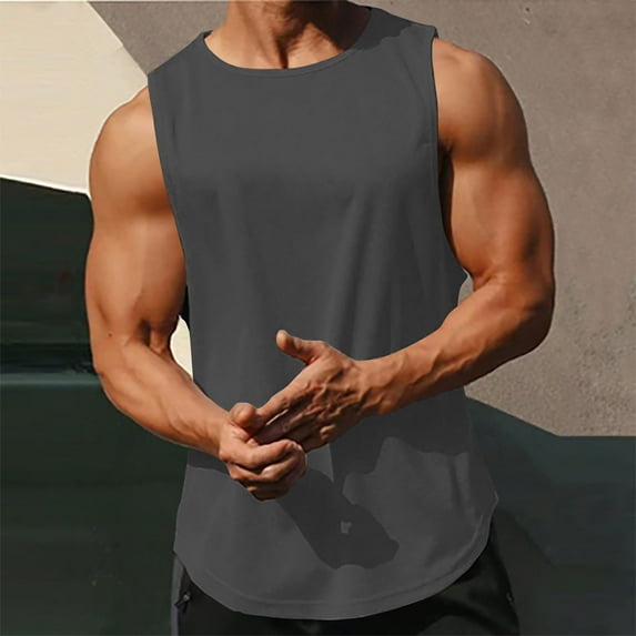FRSASU Men's Gym Bodybuilding Muscle T-Shirts Summer Sleeveless Workout Tank Top Casual Sport Lightweight Quick Dry Tees Gray