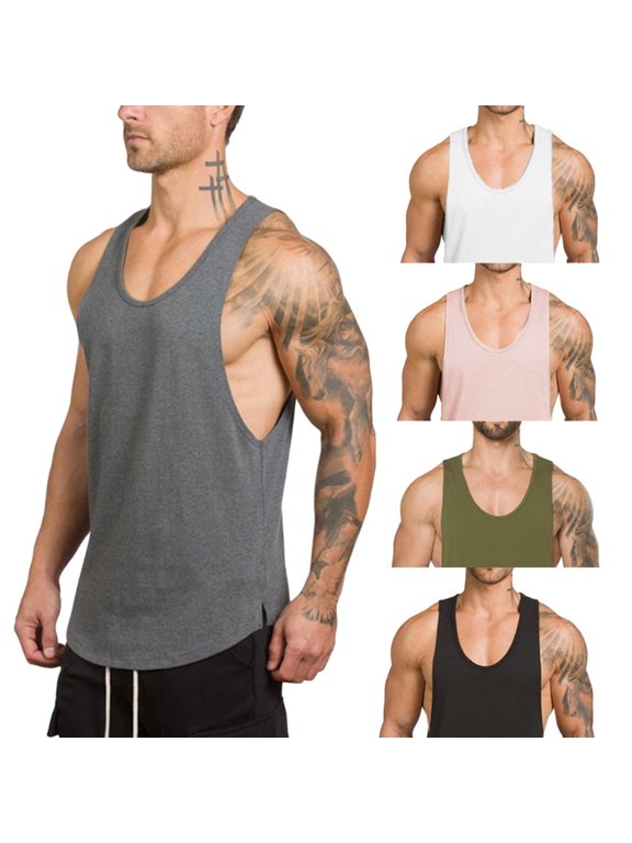Men's Gym Bodybuilding Stringer Tank Top Workout Muscle Cut Shirt Fitness Crew Neck Sleeveless Vest White