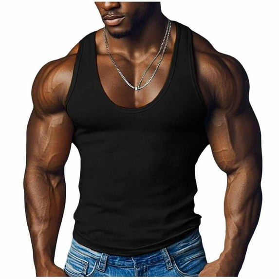 FRSASU Men's Gym Workout Tank Tops Y-Back Muscle Tee Stringer Bodybuilding Sleeveless T-Shirts Black