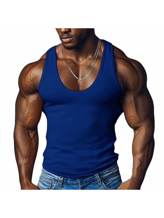 Men's Gym Workout Tank Tops Y-Back Muscle Tee Stringer Bodybuilding Sleeveless T-Shirts Blue