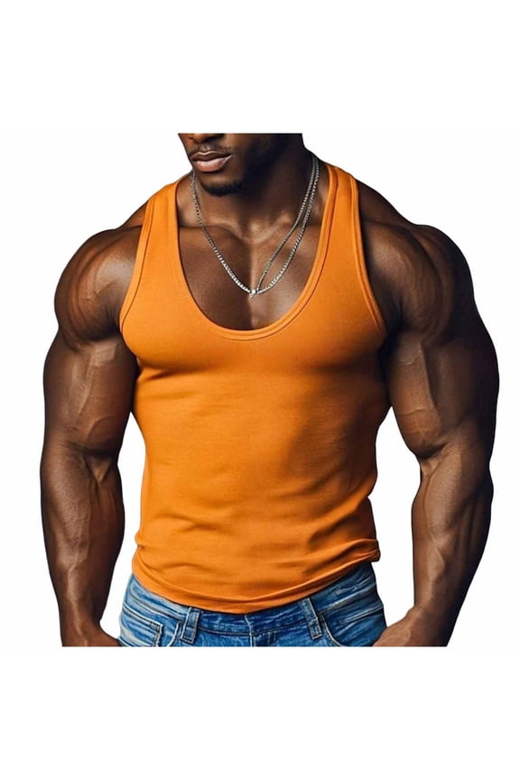 Men's Gym Workout Tank Tops Y-Back Muscle Tee Stringer Bodybuilding Sleeveless T-Shirts Orange