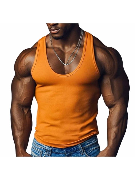 Men's Gym Workout Tank Tops Y-Back Muscle Tee Stringer Bodybuilding Sleeveless T-Shirts Orange