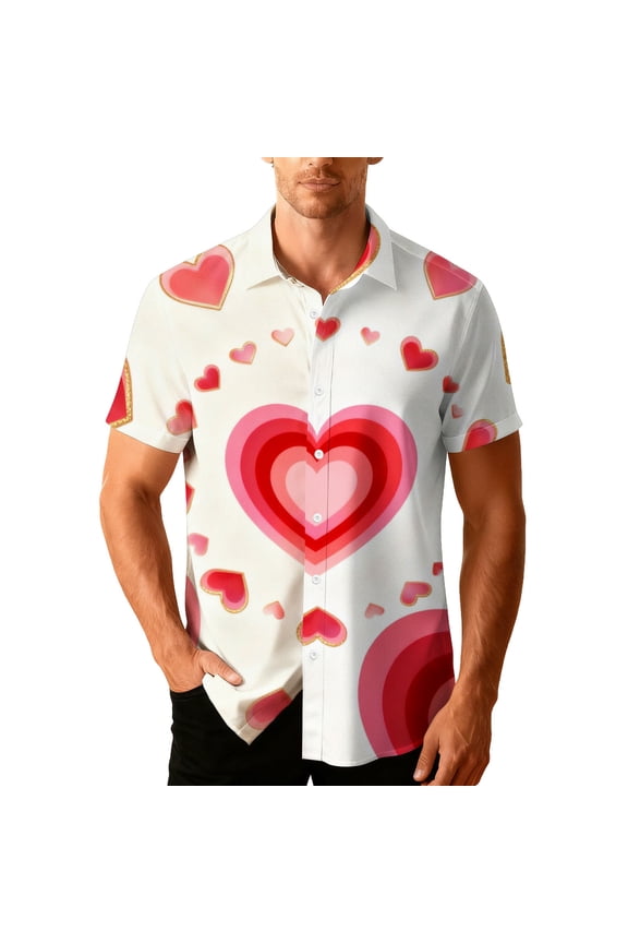 Men's Hawaiian Shirt Short Sleeve Valentine's Day Printed Button Down Summer Beach Dress Shirts for Couples White