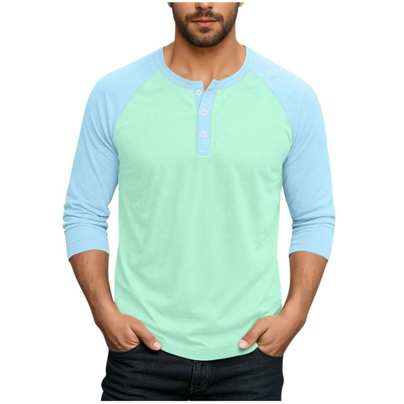 FRSASU Men's Henley Shirt Fall Crewneck Color Block Slim Fit Long Sleeve T Shirts Button up Tees Green
