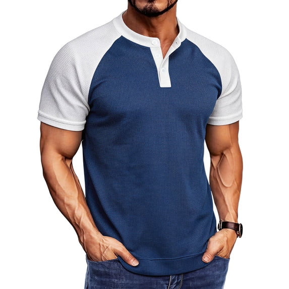 FRSASU Men's Henley Shirt Raglan Sleeve Colorblock Summer T-shirt Casual Collarless Slim Fit Button Down Tee Tops Dark Blue