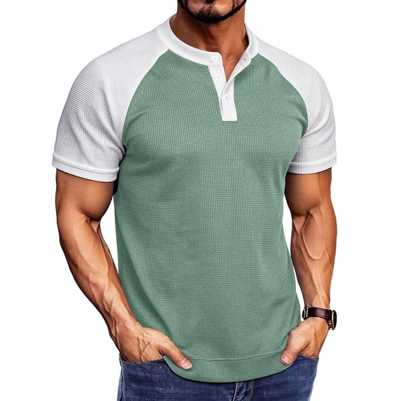 FRSASU Men's Henley Shirt Raglan Sleeve Colorblock Summer T-shirt Casual Collarless Slim Fit Button Down Tee Tops Green