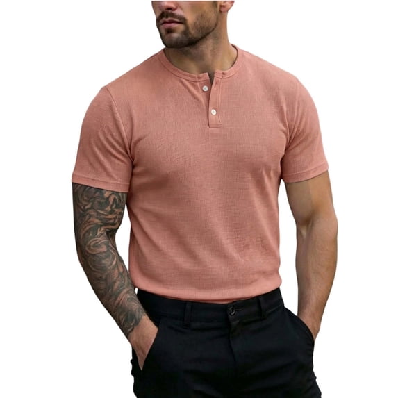 FRSASU Men's Henley Shirt Short Sleeve Casual Button Basic Tees Slim Fit Stretch Summer T-Shirts Pink