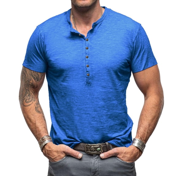 FRSASU Men's Henley Shirts Short Sleeve 3 Button T-Shirts Casual Lightweight Basic Tee Fashion Summer Tops Blue