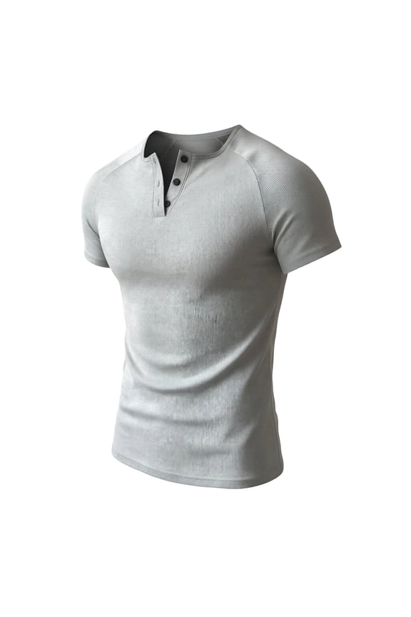 Men's Henley Shirts Short Sleeve Casual Ribbed Knitted Summer T-Shirt Slim Fit Workout Muscle Tops Gray