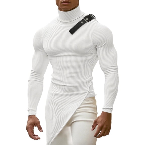 FRSASU Men's High Neck Striped Base Shirt Elastic Long Sleeve Crewneck Casual Tight Tops White