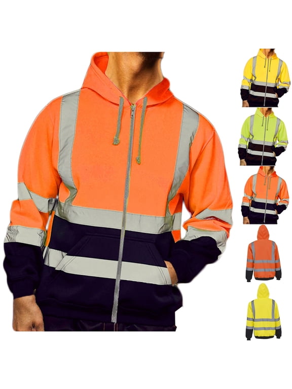 Men's High Visibility Jackets Plus Size Full Zip Reflective Safety Construction Work Reflective Hoodie Jacket Yellow