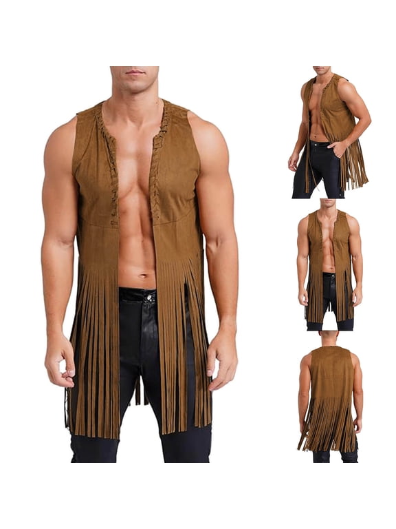Men's Hippie Fringe Vest Halloween Western Faux Suede Long Tassel Cardigan Coat Beach Boho Vest Top Khaki