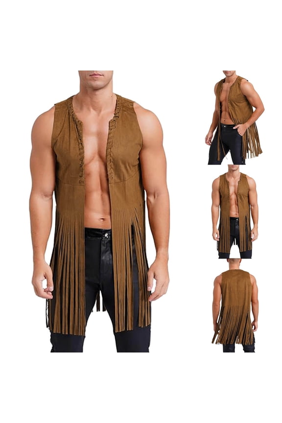 Men's Hippie Fringe Vest Halloween Western Faux Suede Long Tassel Cardigan Coat Beach Boho Vest Top Khaki