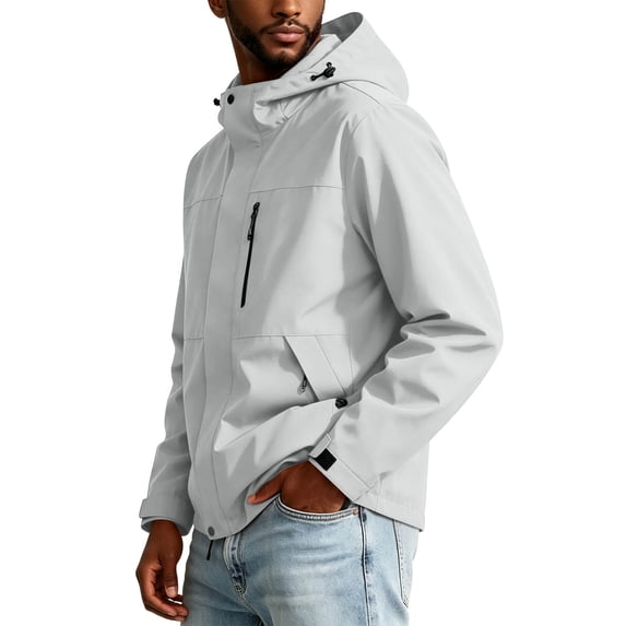 FRSASU Men's Hooded Rain Jacket, Water‑Resistant Zip Up Outdoor Windbreaker Jacket with Multiple Pockets Gray