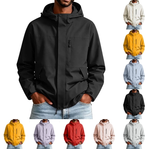 FRSASU Men's Hooded Rain Jacket, Water‑Resistant Zip Up Outdoor Windbreaker Jacket with Multiple Pockets Yellow