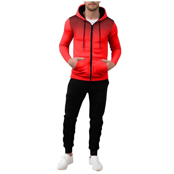 FRSASU Men's Hooded Sweatshirt Sets Long Sleeve 2 Piece Outfit Fashion Casual Loose Sports Polka Dot Printed Jogging TrackSuit Comfy Casual Set for Men Red