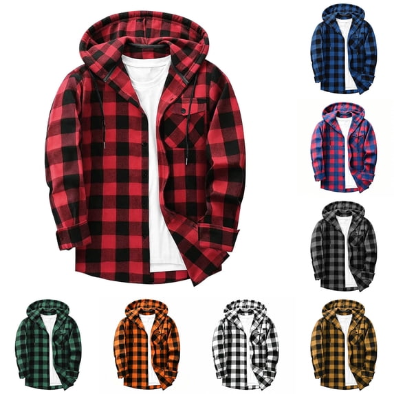 FRSASU Men's Hoodie Shirts Casual Button Down Plaid Shirt Jackets for Men Long Sleeve Stylish Hooded with Pocket Yellow