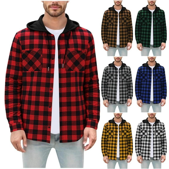 FRSASU Men's Hoodie Shirts Long Sleeve Casual Vintage Button Down Plaid Shirt Jacket with Pocket Yellow