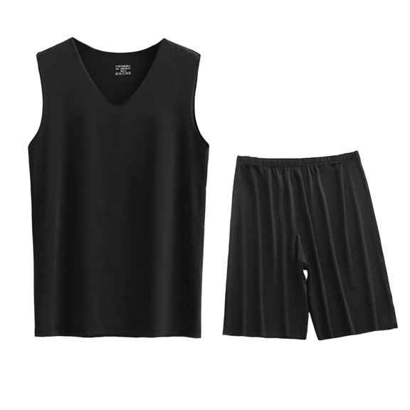 FRSASU Men's Ice Silk Pajamas Set Workout Tank Top Pjs Sets with Shorts 2 Piece Soft Sleeveless Casual Sleep Shirts Loungewear L-5XL Black
