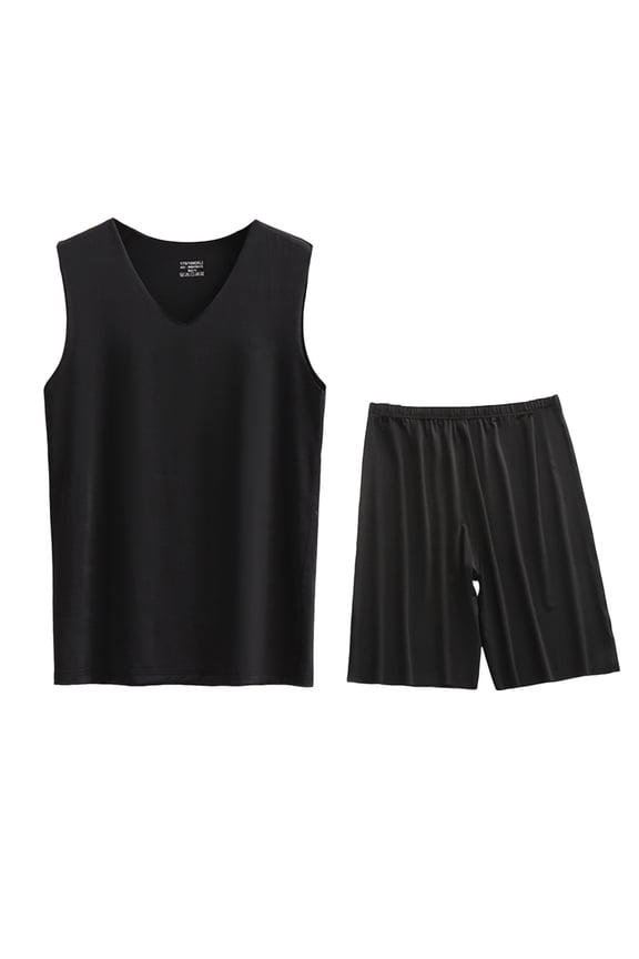 Men's Ice Silk Pajamas Set Workout Tank Top Pjs Sets with Shorts 2 Piece Soft Sleeveless Casual Sleep Shirts Loungewear L-5XL Black