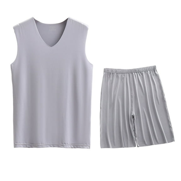 FRSASU Men's Ice Silk Pajamas Set Workout Tank Top Pjs Sets with Shorts 2 Piece Soft Sleeveless Casual Sleep Shirts Loungewear L-5XL Gray