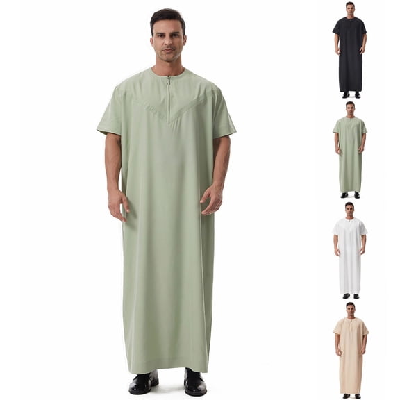 FRSASU Men's Islamic Arab Kaftans Robe for Eid, Short Sleeve Pure Color Dubai Ramadan Daily Clothes, Muslim Thobe Shirt White