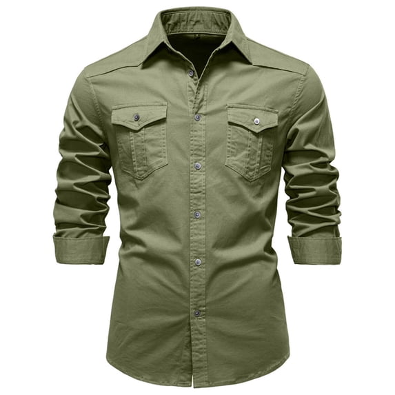 FRSASU Men's Jacket Shirts Casual Western Long Sleeve Button Down Shacket Jackets with 2 Flap Pocket Green
