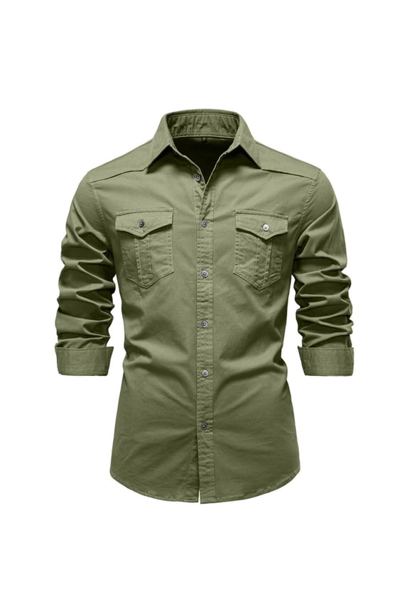 Men's Jacket Shirts Casual Western Long Sleeve Button Down Shacket Jackets with 2 Flap Pocket Green