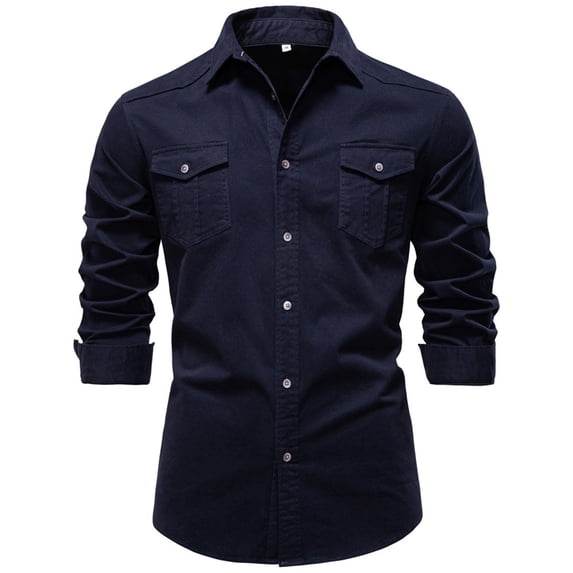 FRSASU Men's Jacket Shirts Casual Western Long Sleeve Button Down Shacket Jackets with 2 Flap Pocket Navy
