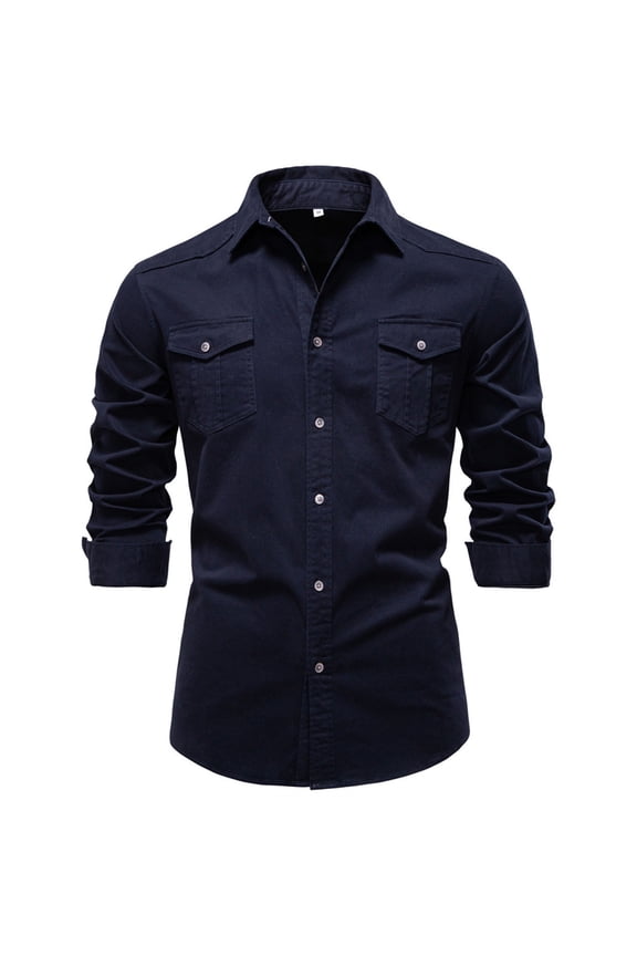 Men's Jacket Shirts Casual Western Long Sleeve Button Down Shacket Jackets with 2 Flap Pocket Navy