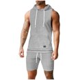 thumbnail image 1 of FRSASU Men's Jacquard Knitted 2 Piece Outfits Summer Hooded Sleeveless Tank and Drawstring Casual Track Shorts Set with Pockets Gray, 1 of 9
