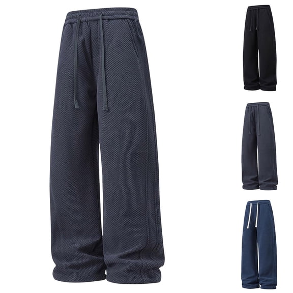 FRSASU Men's Jacquard Textured Casual Sweatpants Beach Stretch Knit Drawstring Loose Fit Straight Leg Jogging Pant Navy