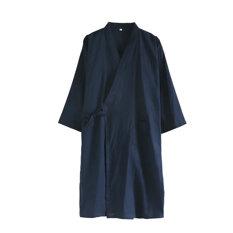 FRSASU Men's Kimono Traditional Japanese Clothing Male Cardigan Noragi Jacket Yukata Coat V-Neck Thin Breathable Strap Home Sleepwear Navy