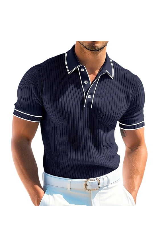 Men's Knit Polo Shirts Casual Lapel Ribbed Collar Work Short Lightweight Striped Knit Golf Polo Sweater Navy