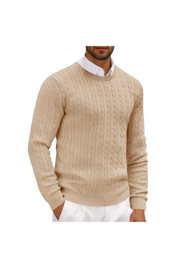 Men's Knit Sweater Crewneck Slim Fit Casual Twist Patterned Textured Long Sleeve Cable Knitted Pullover Beige